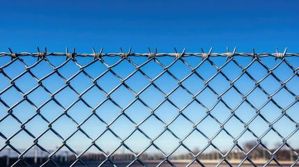 Barbed wire topping chain link fence under blue sky protecting private property