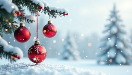Ball-shaped decorations suspended from a rope over a snowy white background, ornament, winter
