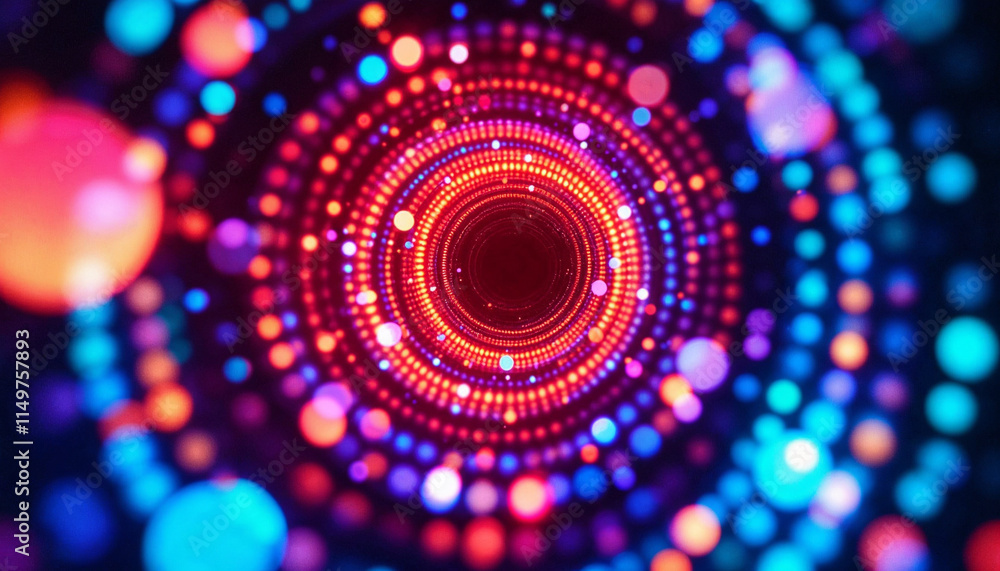 Poster colorful abstract design featuring circular patterns with glowing lights in vibrant shades of blue a