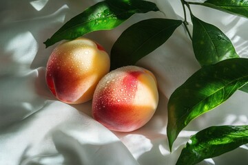 Fresh and Juicy Peaches with Water Droplets on Silky White Fabric Surrounded by Green Leaves in Natural Light