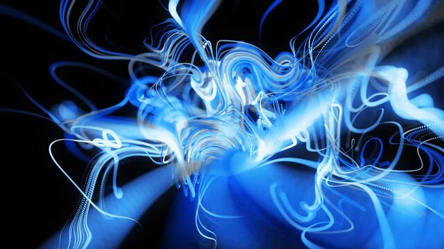 Visualization of neural network operation bg. Abstract fast lines of light streaks in air. Stream of lines forms curled blue lines like glow light trails, lines form swirling pattern like curle noise.