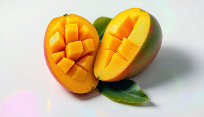 Freshly cut ripe mango halves showcasing juicy orange flesh and vibrant green leaves on a white surface