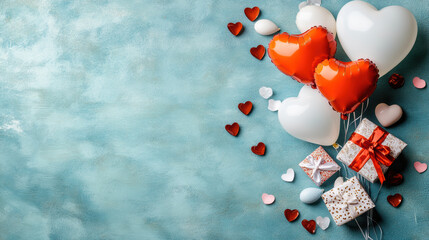 Heart balloons and gifts on blue background for celebration