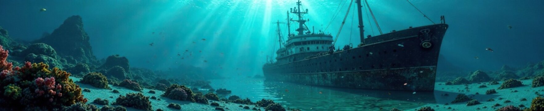 Barco hundido con vida marina y peces de fondo en un paisaje submarino, shipwreck, ocean, wreckage