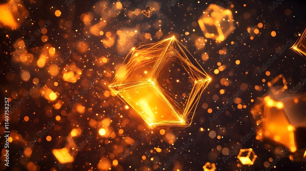 Poster dynamic golden cubes floating in dark space abstract digital art vibrant environment 3d viewpoint co