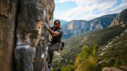 Close-up determined rock climber scaling steep cliff face. Mountain landscape. Athletic male demonstrating strength and skill in outdoor climbing. Concept of adventure sports and personal achievement