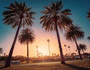 Obraz premium Generated image Palm trees at sunset, vintage California summer vibes