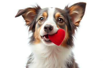 Fototapeta premium St. Valentine's Day concept. Funny portrait cute puppy dog border collie holding red heart in mouth isolated on white background, close up. Lovely dog in love on valentines day gives gift