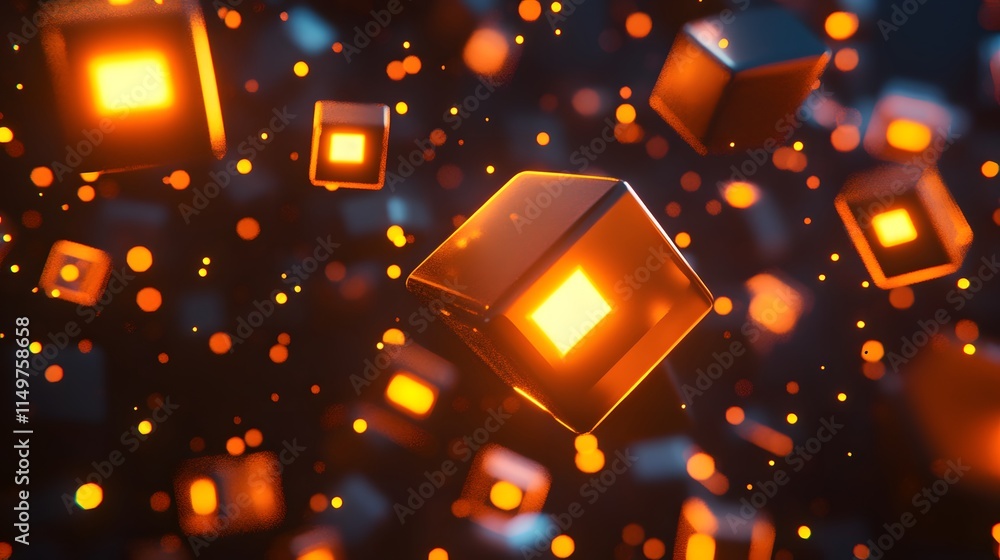 Poster dynamic floating cubes digital realm abstract visuals vibrant environment aerial view innovation con