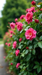 Beautifully bloomed rose hip bush near the fence line, landscaping feature, flowering hedges, roses