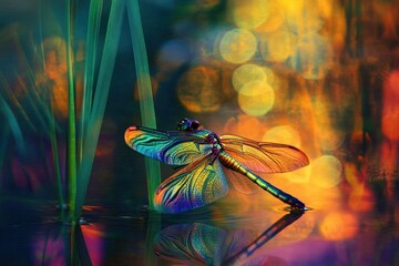 Colorful Dragonfly Perched on Water Surrounded by Vibrant Bokeh Lights and Lush Greenery Exemplifying Nature's Beauty and Intricacies in a Stunning Close-Up View