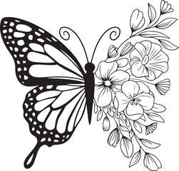 Detailed Black and White Butterfly Illustration with Floral Wing Design