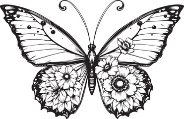 Detailed Black and White Butterfly Illustration with Floral Wing Design