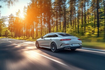 Fototapeta premium Sleek Sedan Speeds Through a Sunny Forest Path