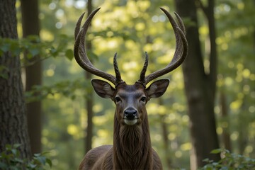 A majestic deer with large, intricate antlers standing gracefully amidst a serene forest