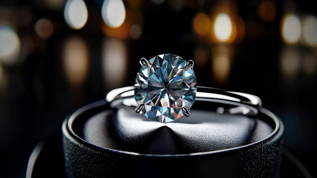 A stunning diamond ring is showcased in a dark, elegant setting, emphasizing its clarity and design. The intricate details capture the light beautifully, reflecting brilliance.