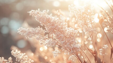 Soft Bokeh Background with Delicate Wildflowers Bathed in Warm Golden Light at Sunset Creating a Dreamy and Ethereal Atmosphere for Nature Lovers