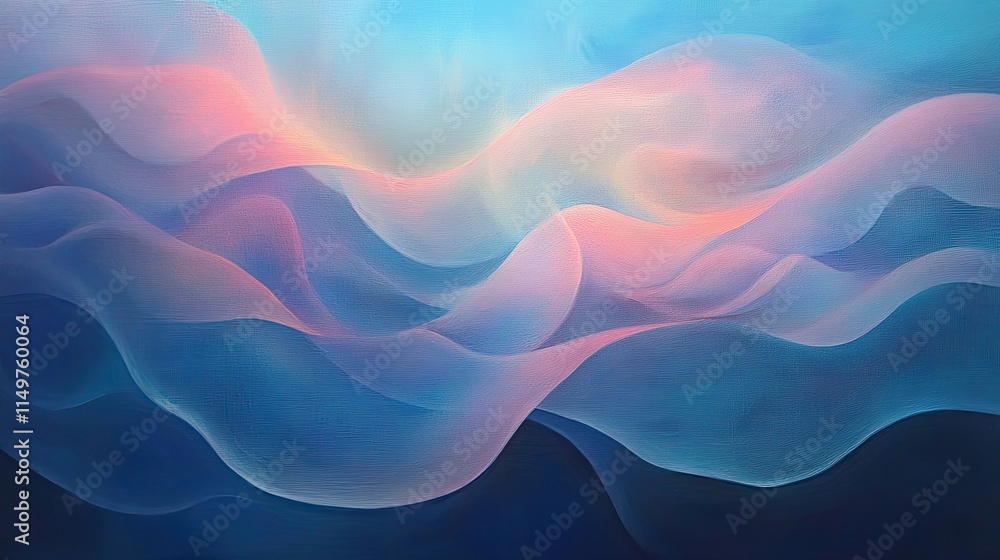 Fototapete a surreal flowing abstract shape with a liquid-like blue and pink gradient, softly glowing in an eth
