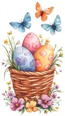 Fototapeta premium Easter eggs in basket with butterflies and flowers watercolor painting