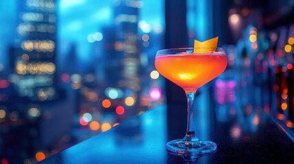 Evening cocktail in a sleek city bar with vibrant skyline views