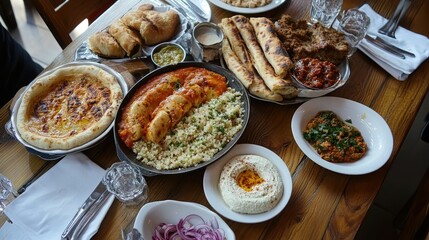 A table filled with Turkish classics--pide, hummus, kebab, and bulgur--arranged beautifully for a top-down view of a restaurant feast.