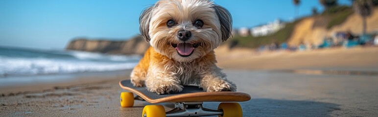 Happy dog on skateboard at beach.