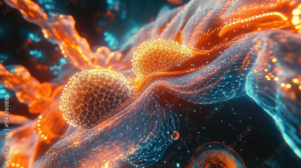 Poster abstract futuristic design with glowing neural networks, data flow visualizations, and algorithmic p