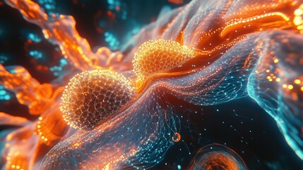 Abstract futuristic design with glowing neural networks, data flow visualizations, and algorithmic patterns in a 3D rendering.