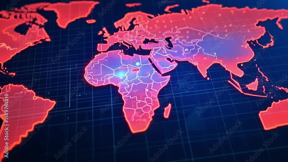Poster futuristic digital world map visualization displaying global connectivity and data analysis with glo