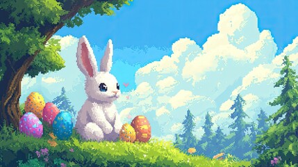 Adorable pixel bunny sitting with colorful Easter eggs in a whimsical 16-bit pixel art landscape.