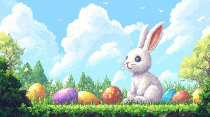 Adorable pixel bunny sitting with colorful Easter eggs in a whimsical 16-bit pixel art landscape.