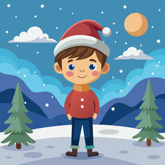 Children's illustration of a boy standing in a winter, snowy meadow