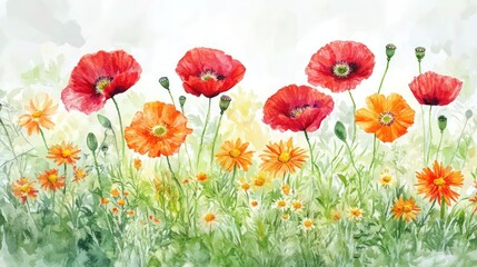 Fototapeta premium A vibrant spring meadow with watercolor-painted red poppies, orange daisies, and lush green grass, creating a fluid, organic blend of colors that bring the flowers to life.