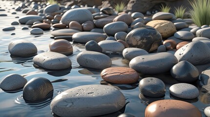 A collection of smooth river stones of various sizes and shapes, featuring polished surfaces, natural earthy tones of gray, brown, and beige,generative ai