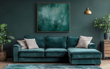 Teal velvet sectional sofa with abstract painting in a dark teal living room.