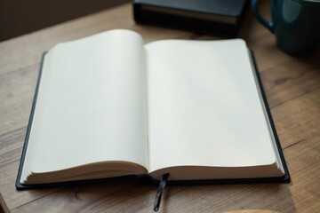 A blank notebook lying flat on a desk surface with its cover slightly ajar, flat book, book page spread