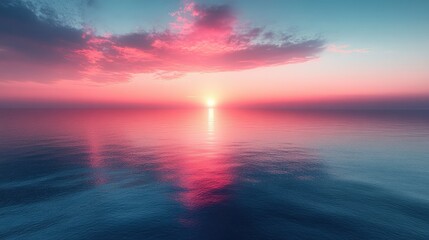 Obraz premium Vibrant sunset over calm ocean; pink and blue hues reflected on water surface.