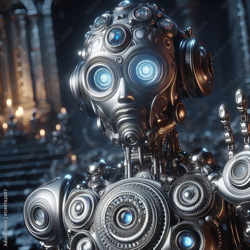 Poster a cybernetic humanoid figure with a highly detailed mechanical design, featuring glowing blue eyes a