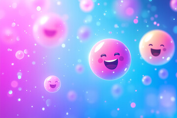 Smiling pink bubbles floating on a vibrant blue background