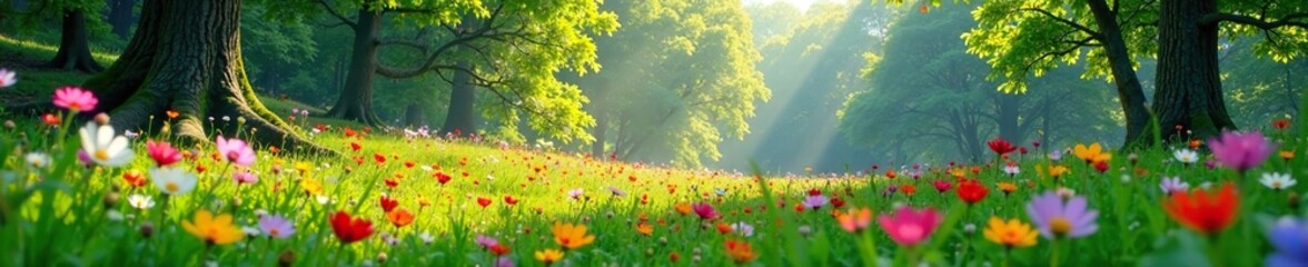 Obraz premium A blooming meadow in the heart of a native woodland forest with towering trees and lush undergrowth, grasses, wildflowers