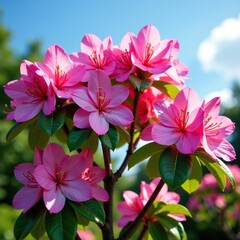 Fototapeta premium A blooming pink rhododendron tree against a sunny sky, outdoor spaces, garden features