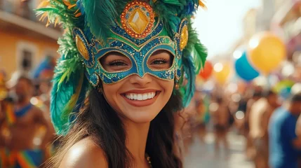 Brazilian carnival dancer smiling and wearing colorful feather mask