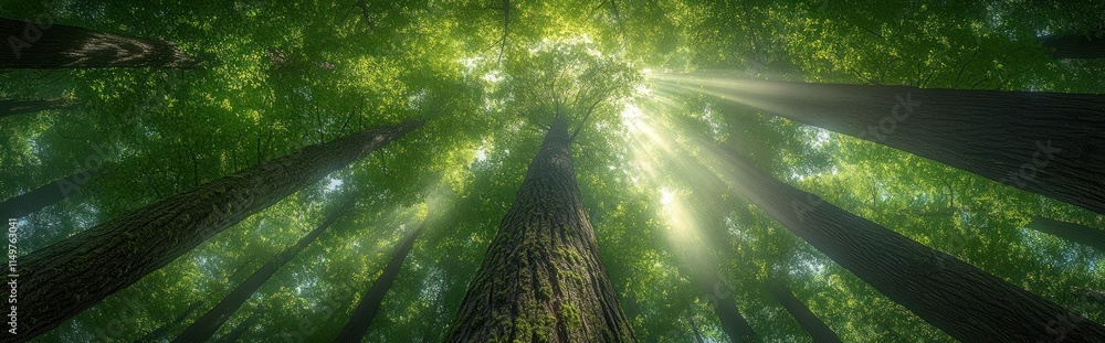 Poster sunbeams piercing through lush forest canopy, creating a mystical atmosphere.