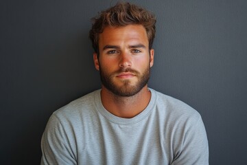 Portrait of confident young man with brown hair and beard posing on gray background