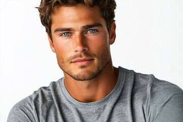 Portrait of handsome man with blue eyes and brown hair posing on white background