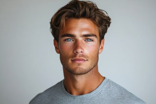 Portrait of confident young man with blue eyes and red hair posing against gray background