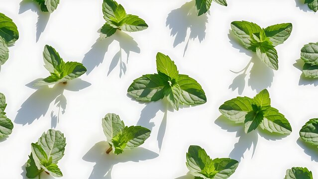 Seamless Pattern With Mint Leaves On White.