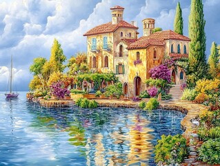 Fototapeta premium Breathtaking Lakeside Mediterranean Villa with Ornate Architecture and Lush Gardens