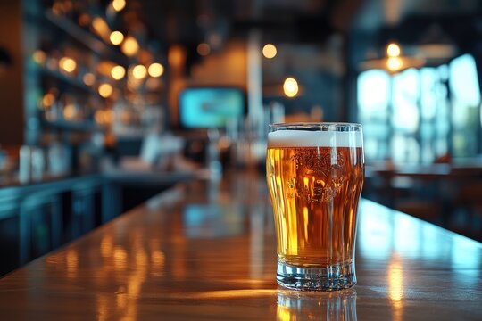 Pint of beer sitting on bar with blurred background showing bar and restaurant interior