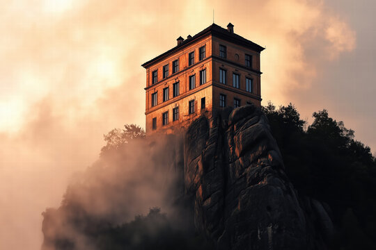 unique building on rocky cliff surrounded by misty clouds Generative Ai